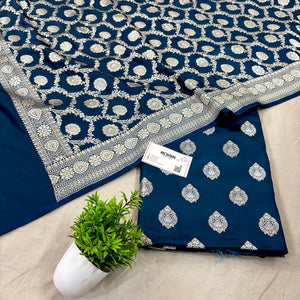 Peacock Blue Golden Zari Katan Silk Banarasi Suit