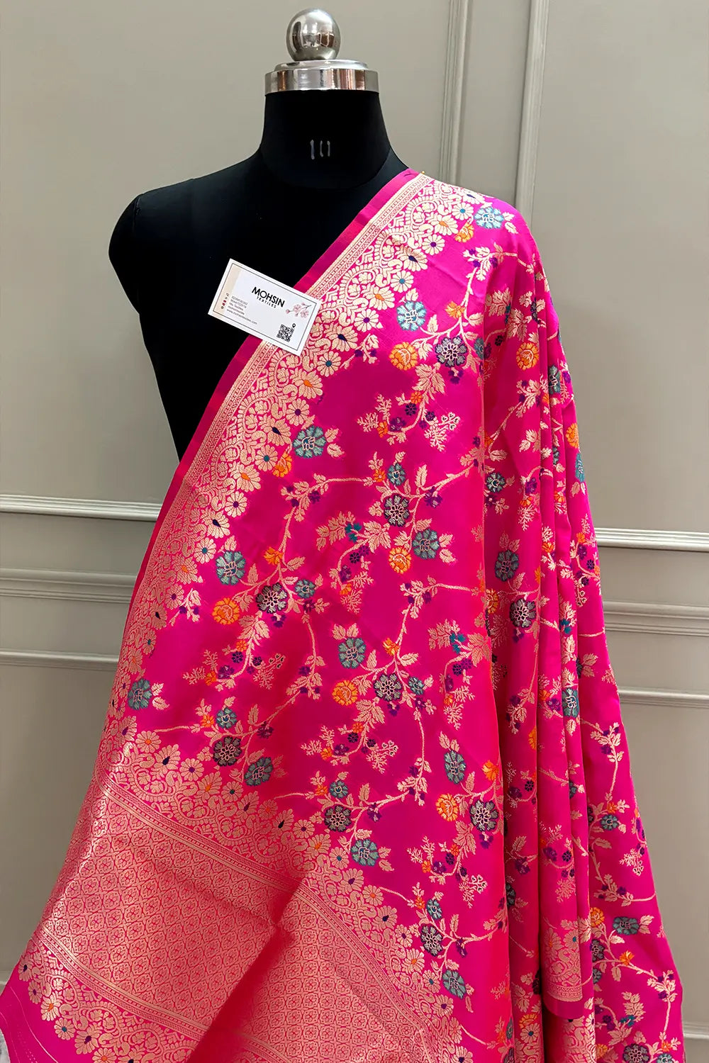 Pink Golden Zari Katan Silk Banarasi Dupatta