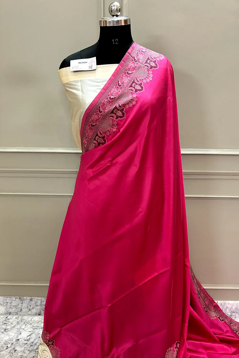 Pink and Beige Plain Resham Silk Banarasi Saree