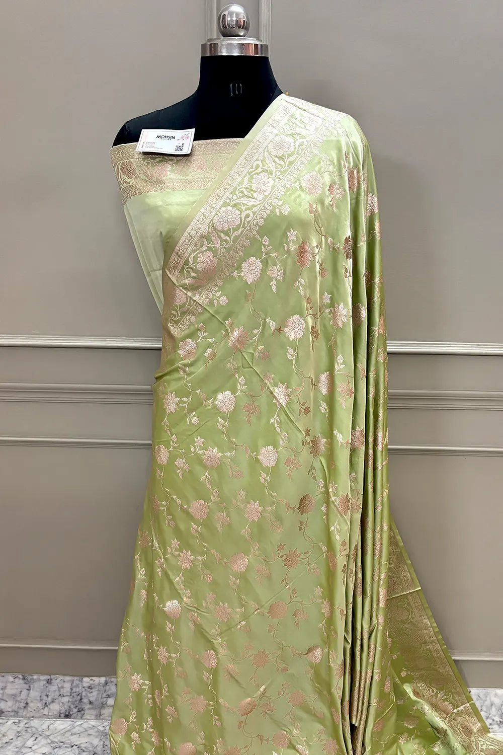 Pista Kesari Jaal Katan Silk Banarasi Saree