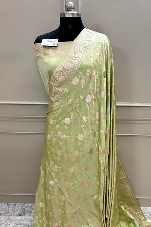 Pista Kesari Jaal Katan Silk Banarasi Saree