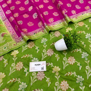 Pista and Pink Golden Zari Katan Silk Banarasi Saree