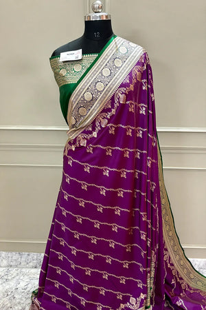 Purple and Green Golden Zari Katan Silk Banarasi Saree