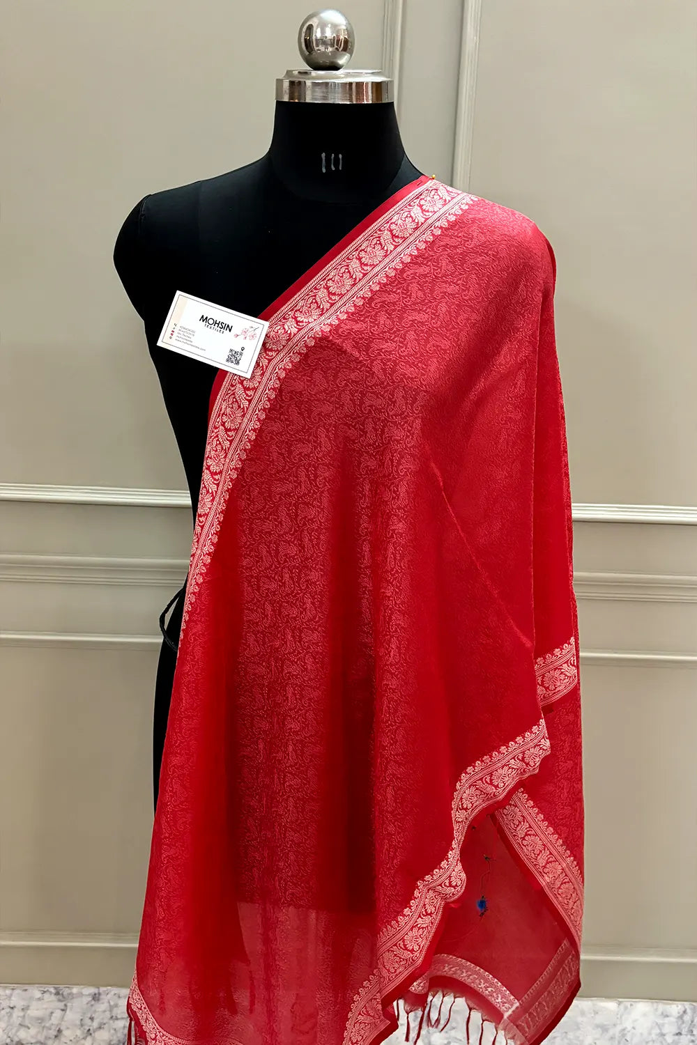 Red Resham Zari Silk Banarasi Stole