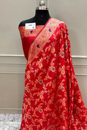 Red Resham Zari Silky Banarasi Saree