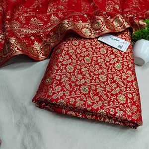 Red Stone Work Kimkhab Silk Banarasi Gharara