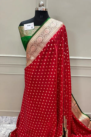 Red and Green Makkhi Buti Katan Silk Banarasi Saree