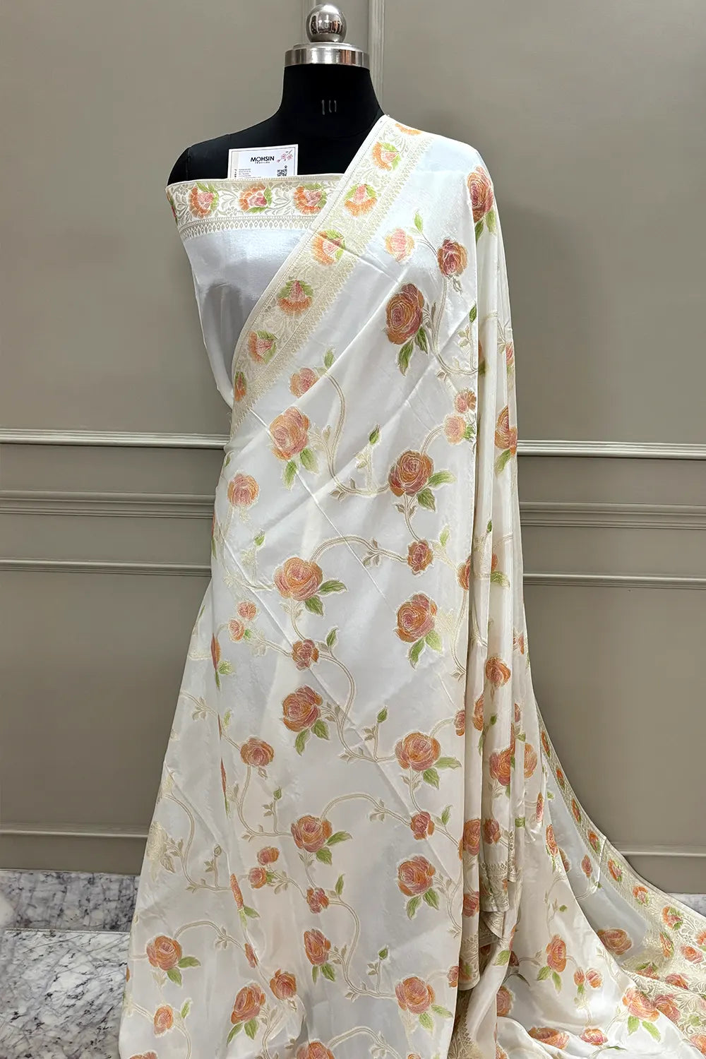 White Rosy Jaal Georgette Silk Banarasi Saree