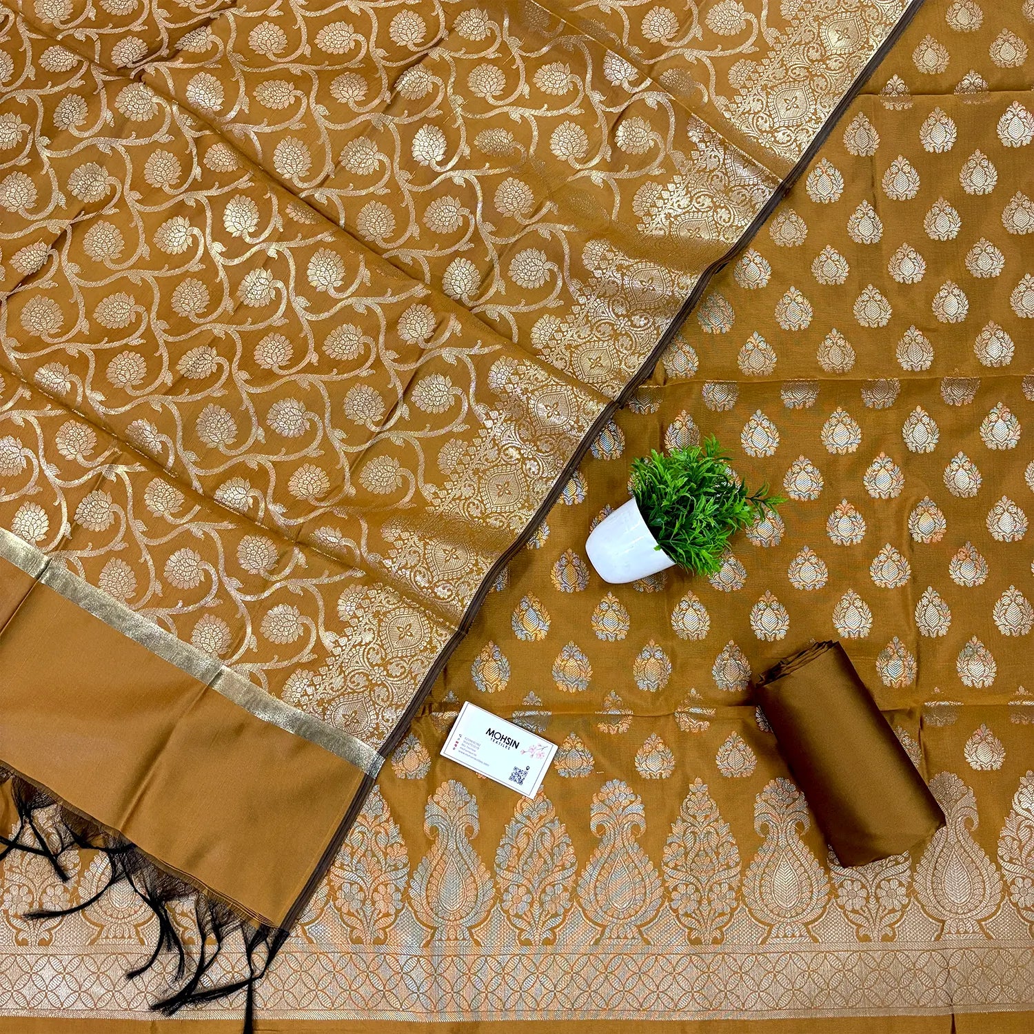 Dark Mustard Kalgha Buti Banarasi Silk Suit