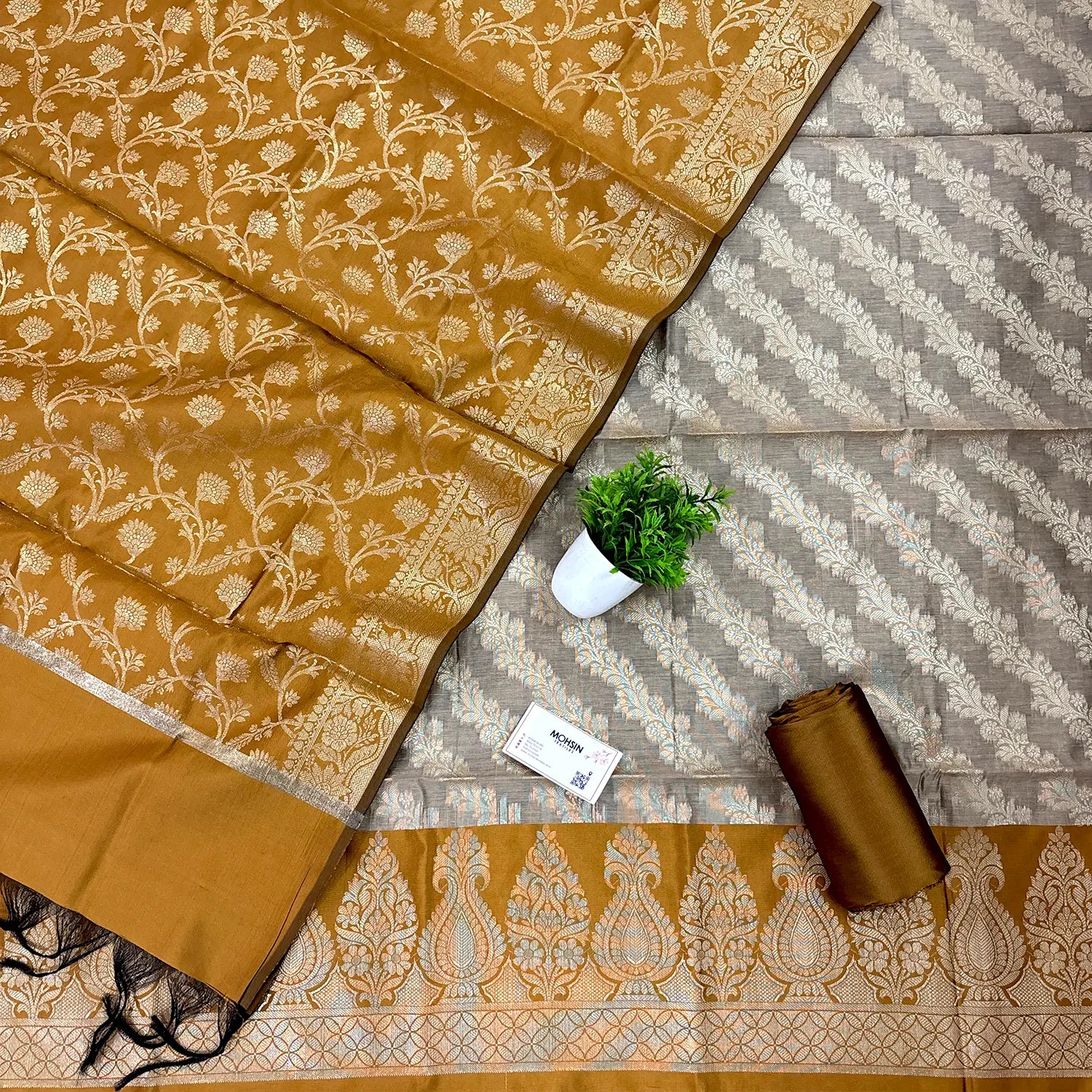 Beige and Mustard Kalgha Laheriya Banarasi Silk Suit