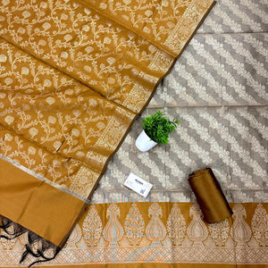 Beige and Mustard Kalgha Laheriya Banarasi Silk Suit