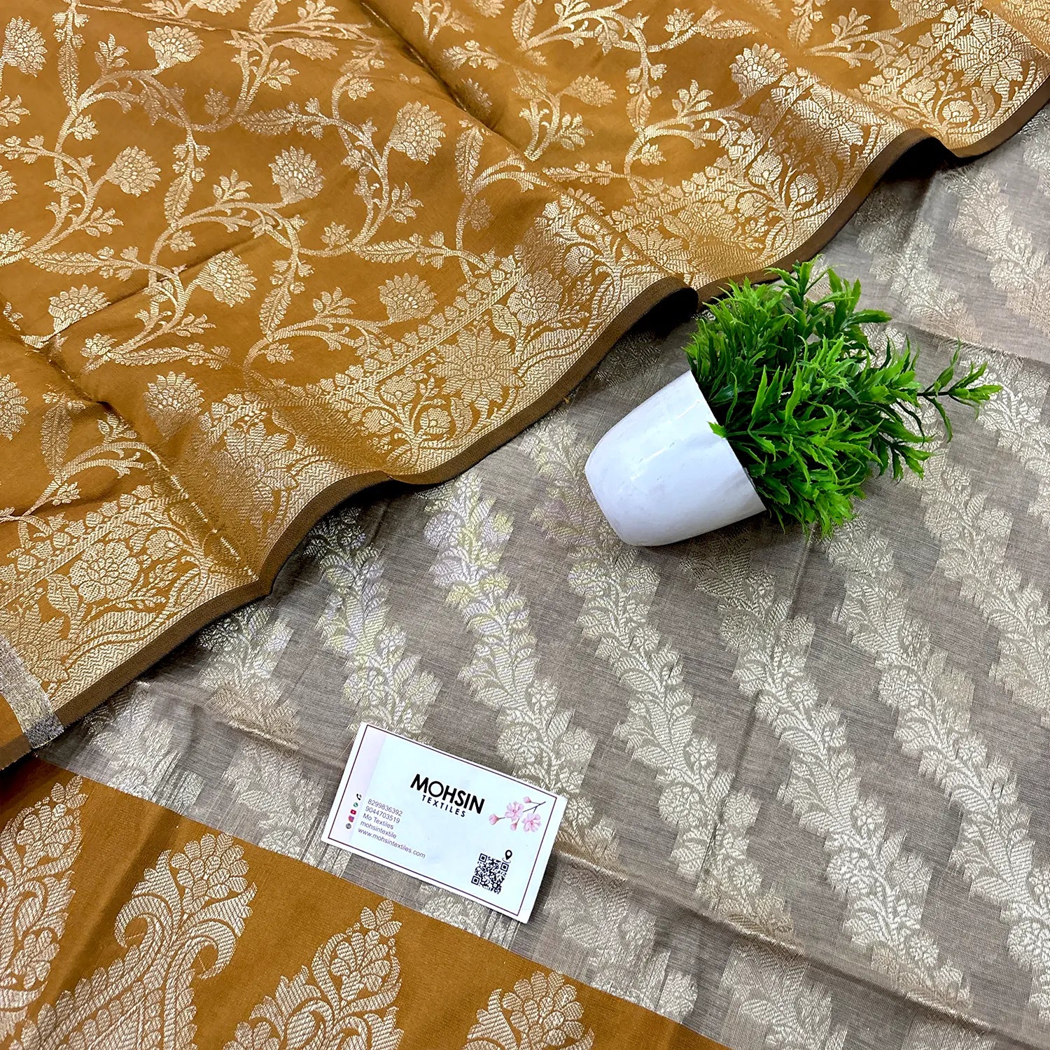 Beige and Mustard Kalgha Laheriya Banarasi Silk Suit