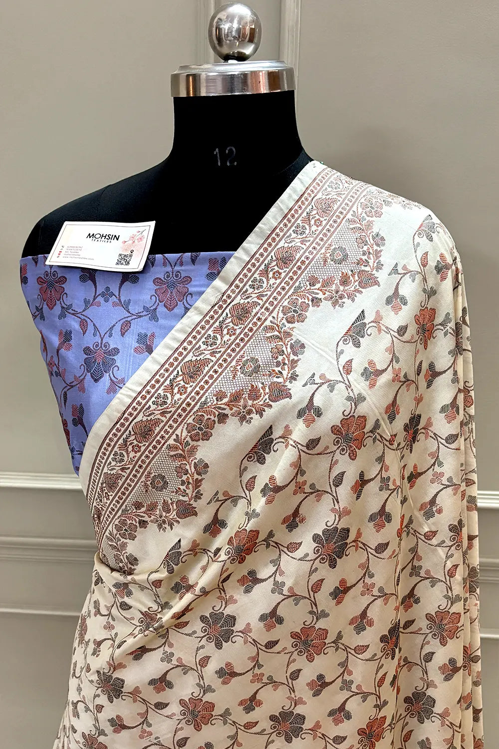 Beige and Lavender Resham Silk Banarasi Saree