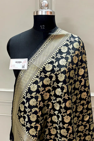 Black Golden Zari Katan Silk Banarasi Dupatta