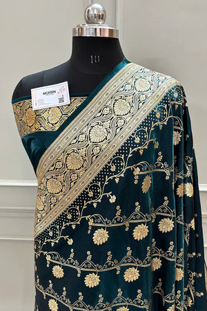 Bottle Green Bhawar Jaal Katan Silk Banarasi Saree