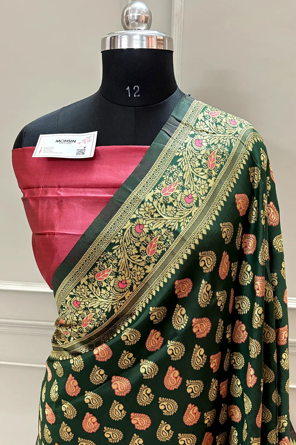 Bottle Green and Red Resham Zari Silky Banarasi Saree