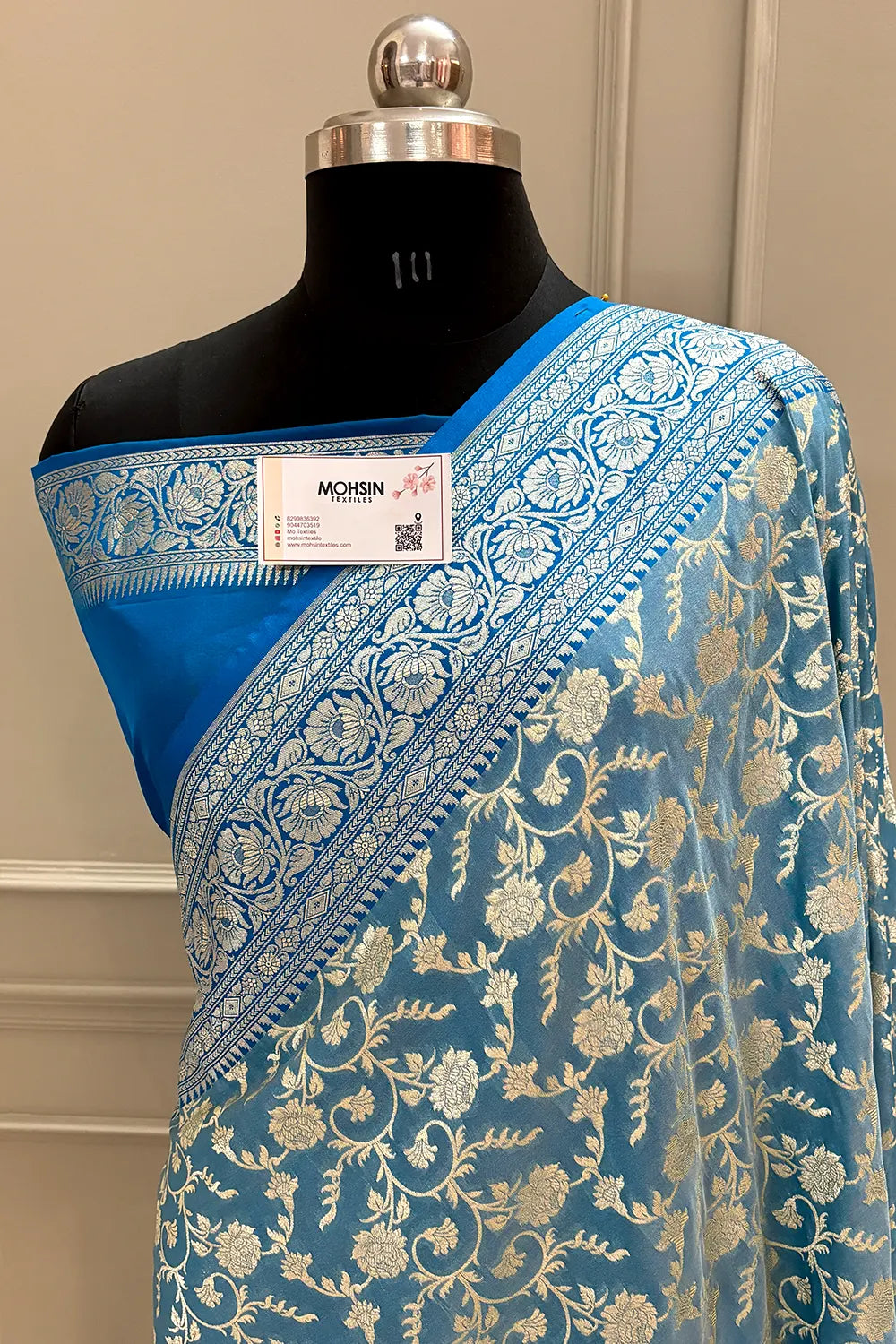 Firozi and Blue Gulabi Jaal Katan Silk Banarasi Saree