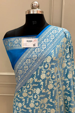 Firozi and Blue Gulabi Jaal Katan Silk Banarasi Saree
