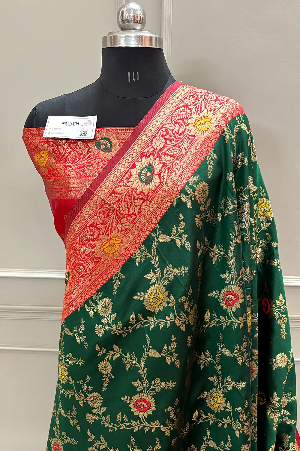 Green and Red Golden Zari Silky Banarasi Saree