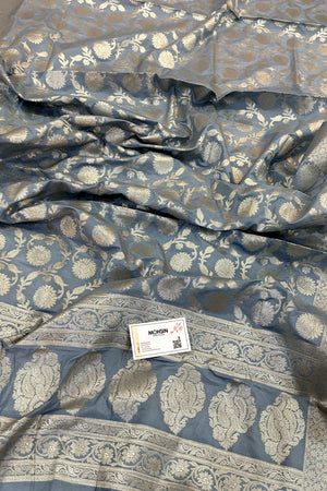 Grey Golden Zari Katan Silk Banarasi Dupatta