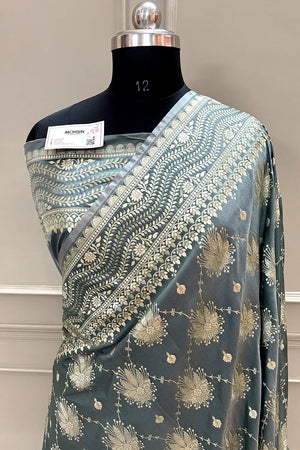 Grey Spider Jaal Katan Silk Banarasi Saree