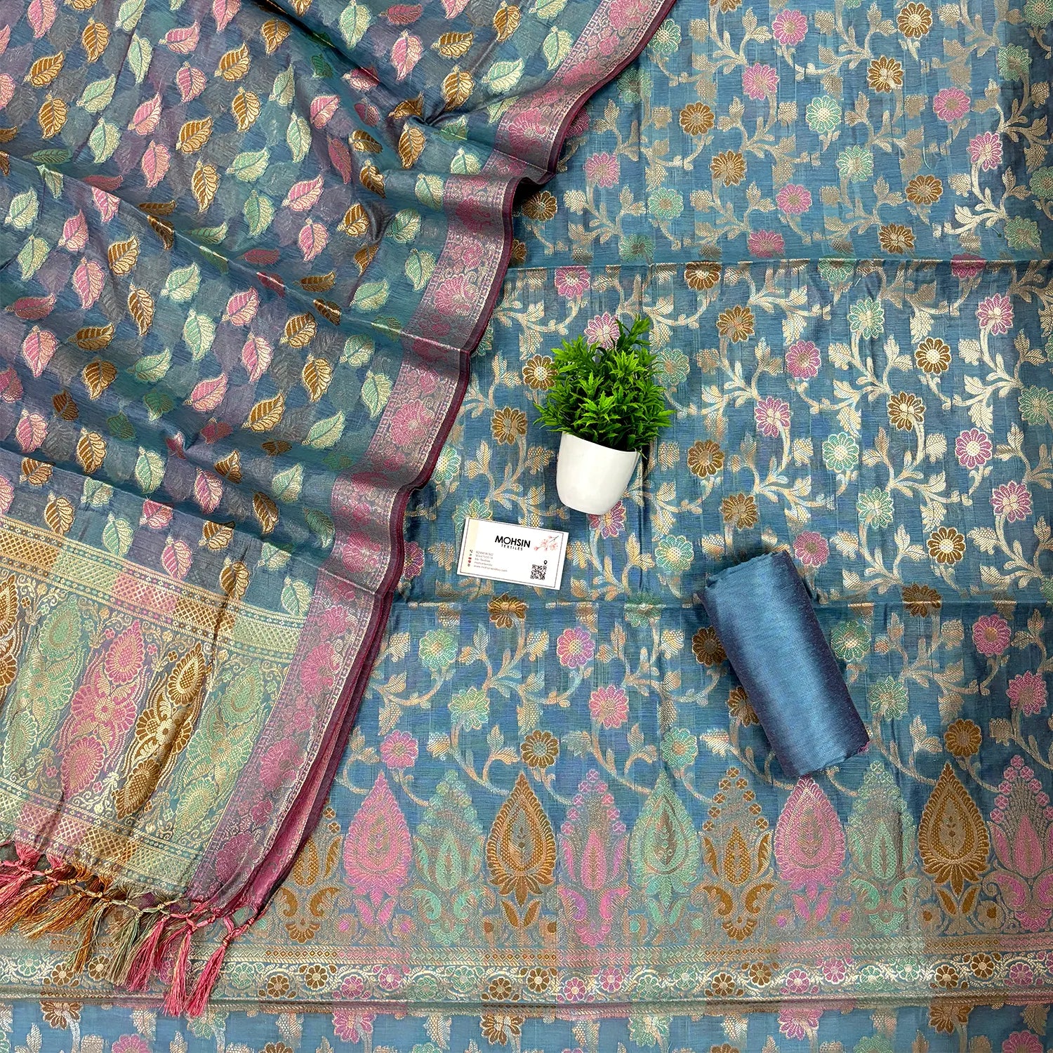 Greyish Firozi Sunheri Jaal Satin Silk Banarasi Suit