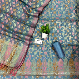 Greyish Firozi Sunheri Jaal Satin Silk Banarasi Suit