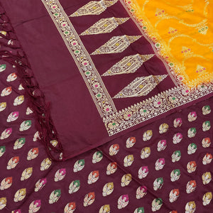 Maroon and Yellow Golden Zari Katan Silk Banarasi Suit
