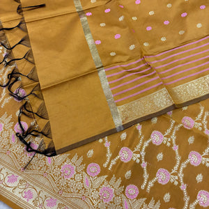 Mustard Golden Zari Satin Silk Banarasi Suit