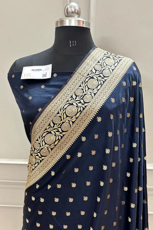 Navy Blue Golden Zari Katan Silk Banarasi Saree