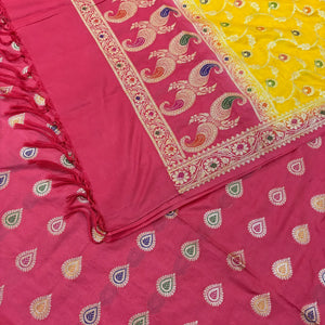 Peach and Yellow Golden Zari Katan Silk Banarasi Suit