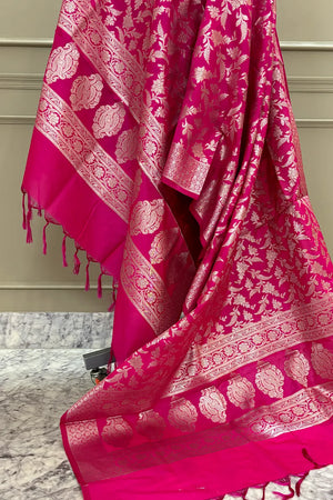 Pink Golden Zari Katan Silk Banarasi Dupatta