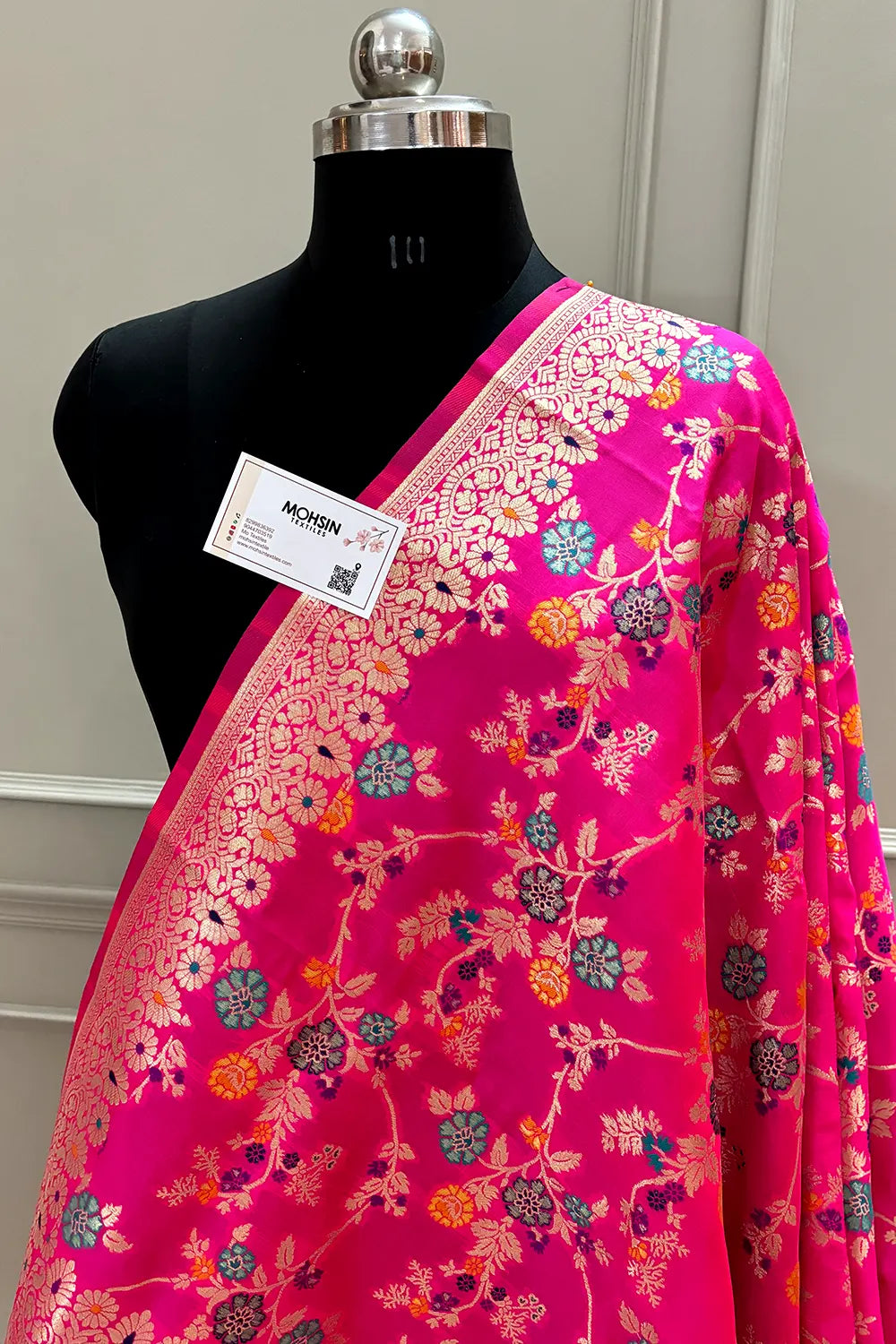 Pink Golden Zari Katan Silk Banarasi Dupatta