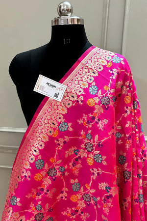 Pink Golden Zari Katan Silk Banarasi Dupatta