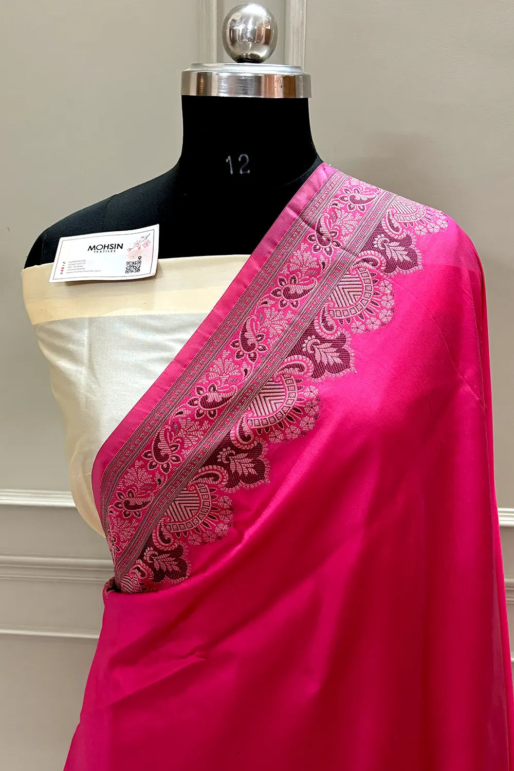 Pink and Beige Plain Resham Silk Banarasi Saree