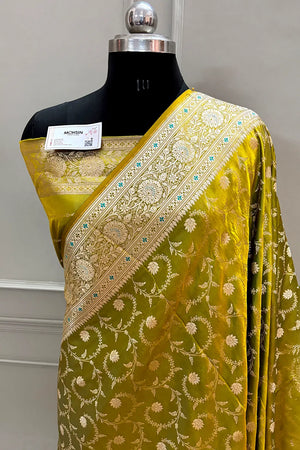 Pista Eragon Jaal Katan Silk Banarasi Saree