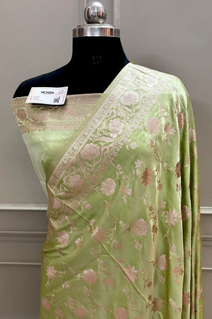 Pista Kesari Jaal Katan Silk Banarasi Saree