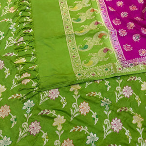 Pista and Pink Golden Zari Katan Silk Banarasi Saree
