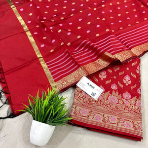 Red Golden Zari Satin Silk Banarasi Suit