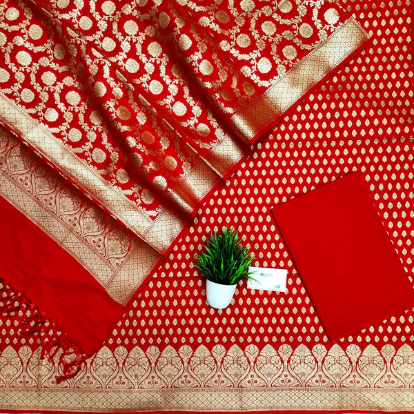 Red Kalli Buti Katan Silk Banarasi Suit