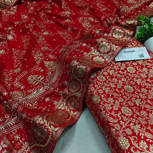Red Stone Work Kimkhab Silk Banarasi Gharara