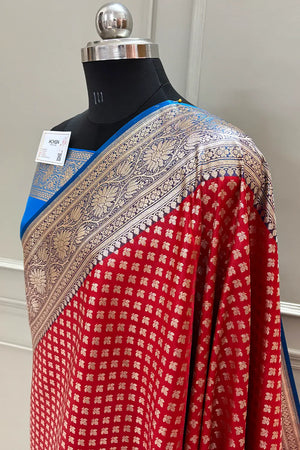 Red and Blue Chidi Buti Katan Silk Banarasi Saree