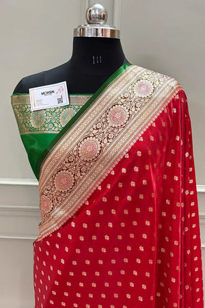 Red and Green Makkhi Buti Katan Silk Banarasi Saree