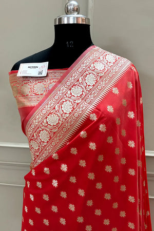 Strawberry Golden Zari Crepe Silk Banarasi Saree