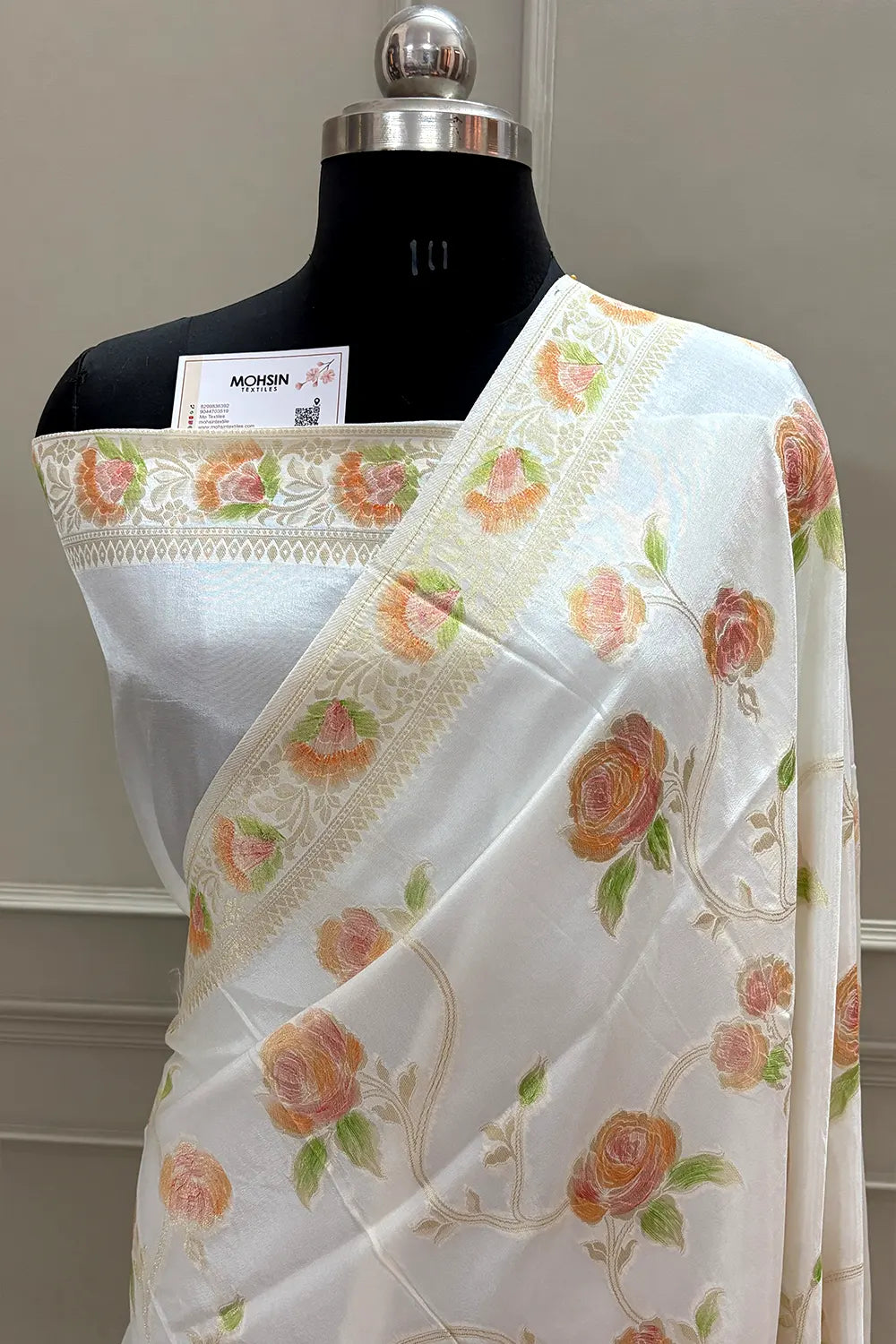 White Rosy Jaal Georgette Silk Banarasi Saree
