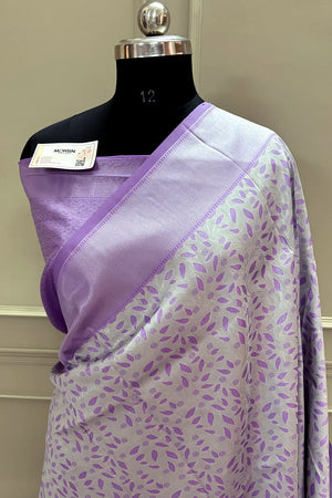 White and Lavender Resham Zari Banarasi Silk Saree