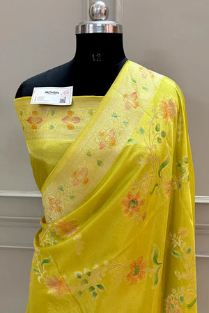 Yellow Shakahari Jaal Georgette Silk Banarasi Saree