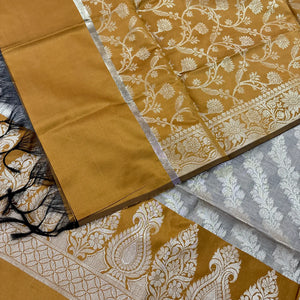 Beige and Mustard Kalgha Laheriya Banarasi Silk Suit