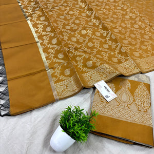 Beige and Mustard Kalgha Laheriya Banarasi Silk Suit