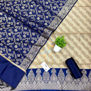 Beige and Navy Blue Kalgha Laheriya Banarasi Silk Suit